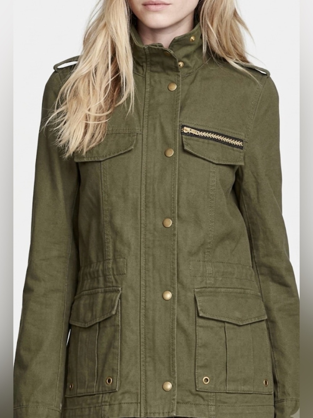 H&M‎ Womens Olive Green Cotton Military Braided Button Up Snap Jacket Size 6